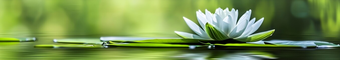 a white lotus flower on water with leaves in the water, in the style of bokeh panorama
