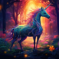Unicorn in a fairy colorful forest