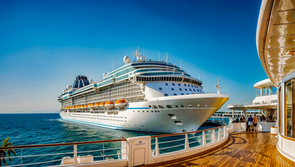 Cruise ship docked at pier with blue sky in the background. - obrazy, fototapety, plakaty