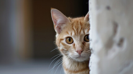 A funny cat peeks out from behind an old wall. Portrait of a wild cat. Homeless cats on the street