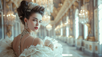 Portrait of a beautiful young girl in a haute couture dress standing in a luxurious palace interior