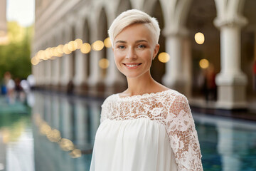 A radiant woman with a stylish pixie haircut and a warm smile - obrazy, fototapety, plakaty