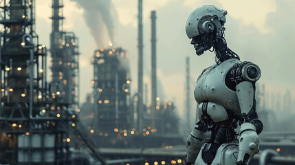 Naklejka premium robots work in factories polluting environment industrial structures with pipes and smoke gray clouds replacing humans - AI Generated