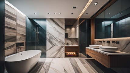 Interior design of modern bathroom with wooden and marble stone paneling wal - obrazy, fototapety, plakaty