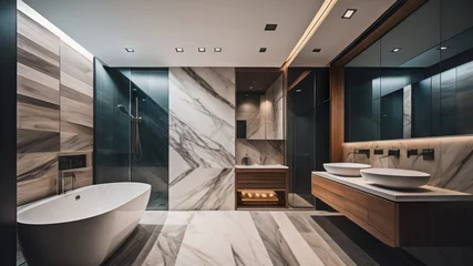 Tapeten Interior design of modern bathroom with wooden and marble stone paneling wal © Marko