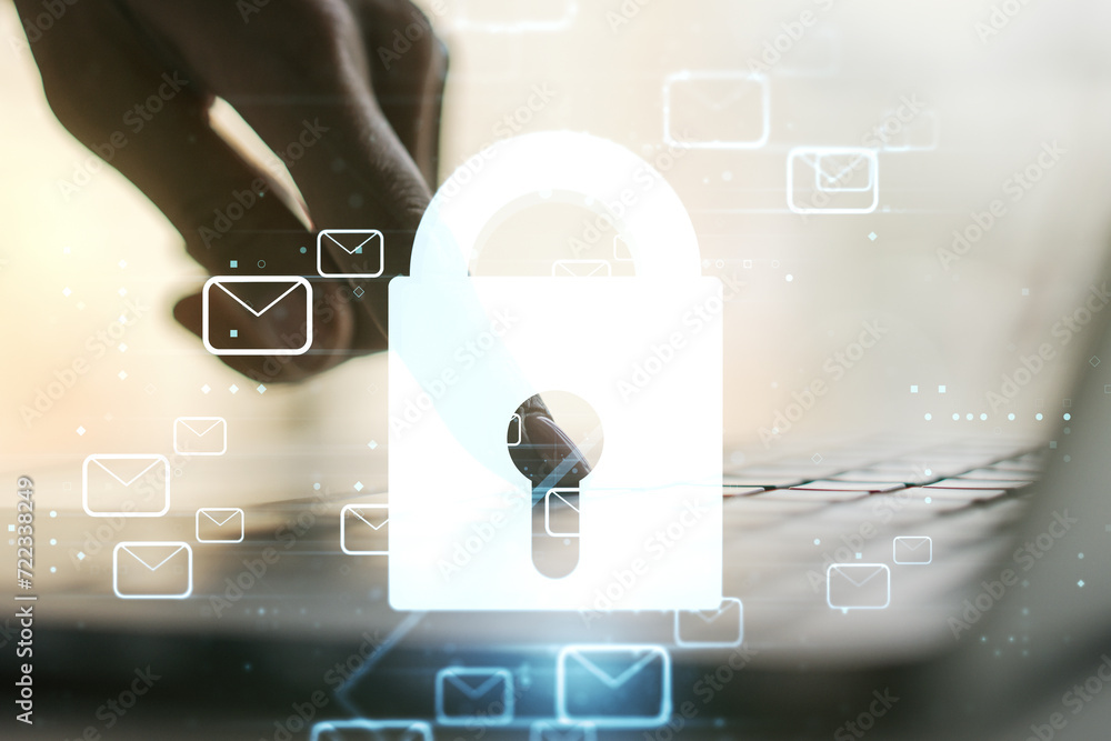 Aufkleber double exposure of creative lock hologram with email symbols and hands typing on laptop on backgroun