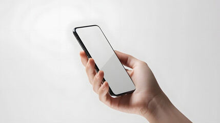 Hand holding an isolated smartphone device with blank empty white screen on white studio background, communication technology concept