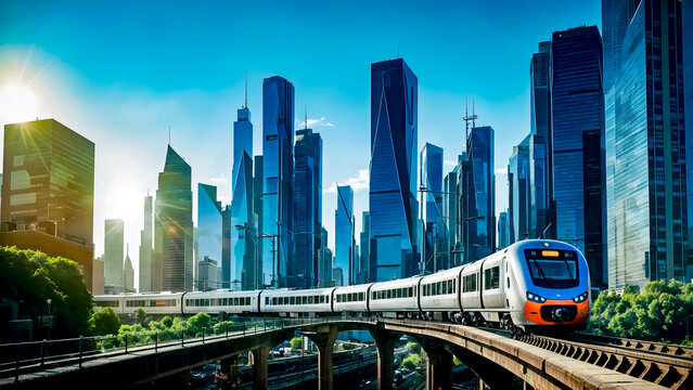 Train on train track in front of city skyline with skyscrapers.