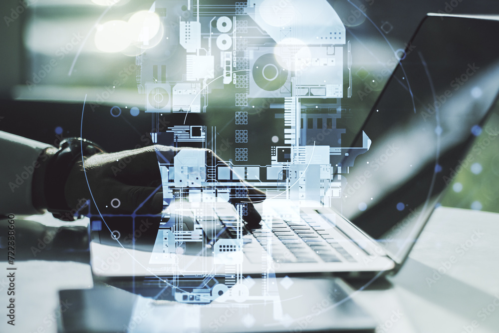 Aufkleber double exposure of creative artificial intelligence symbol with hands typing on laptop on background
