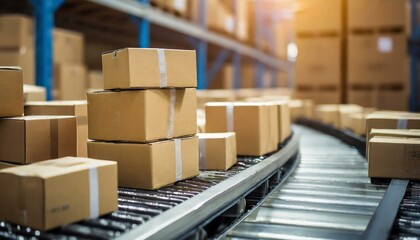 multiple cardboard box packages seamlessly moving along a conveyor belt in a warehouse