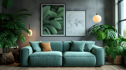 Stylish Scandinavian Living Room Interior with Mint Sofa, Furniture, Mock-Up Poster Map, Plants, and Elegant Personal Accessories - Home Decor, Interior Design