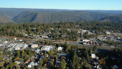 Aerial drone view of Colfax, California with the American River Canyon in the background. 