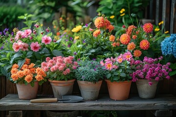 Fototapeta na wymiar Vibrant garden flowers in pots, gardening concept. Ideal for garden centers or horticulture guides. 