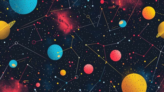 A constellation-themed pattern with geometric shapes and vibrant colors, [background for designer's work astronomical theme lots of space for text.]