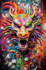 Fototapeta premium 3d evil dragon with watercolor splashes in the style of pop art, сolorful, vivid