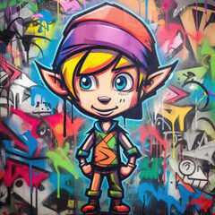 Elf on the background of graffiti watercolor multicolored, vivid