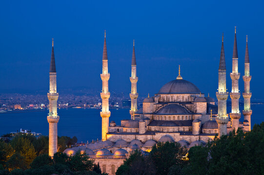 Illuminated Sultan Ahmed Mosque at the blue hour
