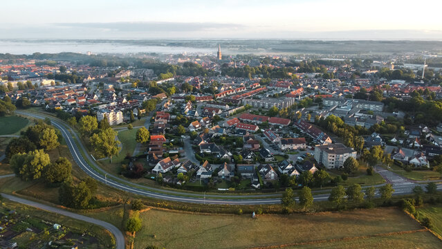 Aerial drone view of homes, houses and apartments in Steenwijk, Overijssel, The Netherlands. Residential area neighborhood architecture captured from above.