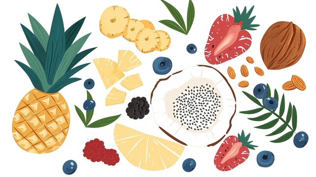 Assorted healthy foods and fruits illustration. Ideal for dietary and nutrition guides. 