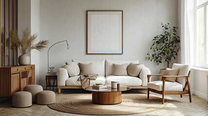Living Room Interior with Mock-Up Poster Frame, Glass Coffee Table, Stylish Sofa, White Armchair, Wooden Sideboard, Round Rug, and Personal Accessories