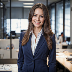 A confident businesswoman stands in a modern office, wearing a blazer. She has nice hair 