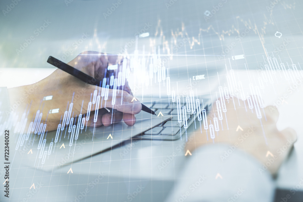 Poster multi exposure of abstract financial diagram with world map and with hand writing in notepad on back