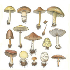 botanical mushroom drawings, vintage, graphic of mushroom specimens. all white background muted rainbow colors botanical illustration, educational Generative AI