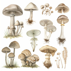 botanical mushroom drawings, vintage, graphic of mushroom specimens. all white background muted rainbow colors botanical illustration, educational Generative AI