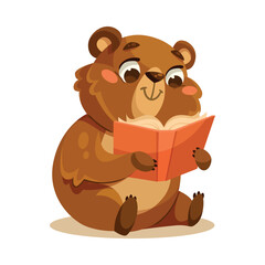 Little Bear Cub with Cute Snout Reading Book Vector Illustration