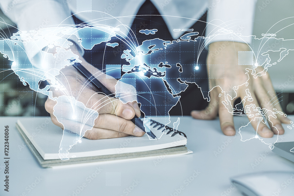 Poster abstract graphic digital world map with connections and hand writing in diary on background with lap