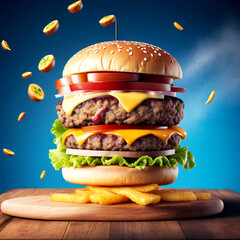 Testy Burger bursting out ingredients flying isolated hamburger - obrazy, fototapety, plakaty