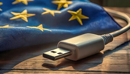 einheitliches USB-C Ladekabel mit einheitlichem Anschluss vor Europaflagge - obrazy, fototapety, plakaty
