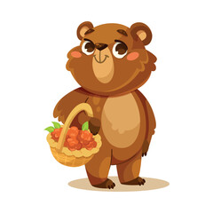 Little Bear Cub with Cute Snout Hold Berry Basket Vector Illustration