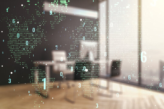 Double exposure of abstract creative programming illustration with world map and modern desk with computer on background, big data and blockchain concept