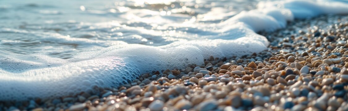 waves hitting the pebble beach with sun light