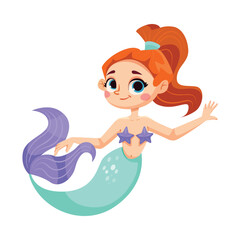 Little Girl Mermaid with Fish Tail and Wavy Hair Vector Illustration