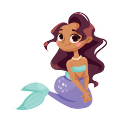 Little Girl Mermaid with Fish Tail and Wavy Hair Vector Illustration