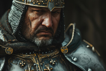 A chiseled knight clad in shining armor gazes stoically ahead, his human face hidden behind a protective cuirass and breastplate