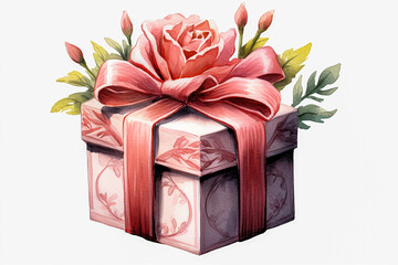 a watercolor illustration portraying a romantic holiday box adorned with a gift