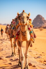 A caravan of camels rests in the desert against the backdrop of the red sea and high mountains. ai generated