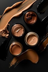Assorted makeup foundations on dark background, beauty diversity. Ideal for cosmetics marketing. 