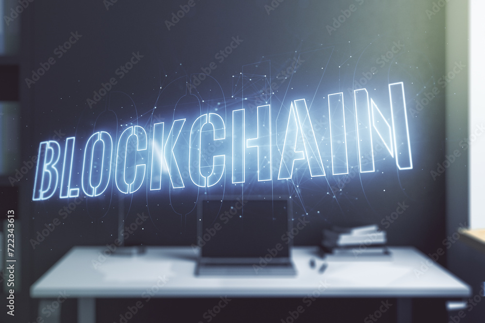 Poster double exposure of blockchain technology hologram and modern desktop with laptop on background. rese
