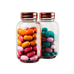 Colorful pills in a glass jar isolated on white background. 3d illustration