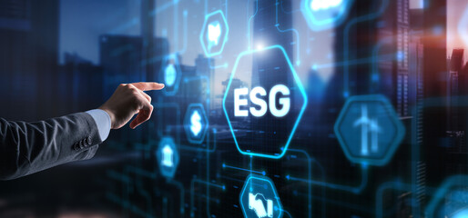 Businessman clicks ESG Environmental Social Governance sustainable development and investment