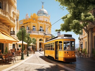 Vintage Tram Rolling Through Historic City Center - AI Generated - obrazy, fototapety, plakaty