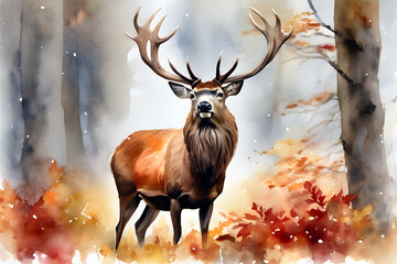Watercolor painting that captures majestic red deer stag-during winter season.