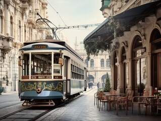 Naklejka premium Vintage Tram Rolling Through Historic City Center - AI Generated