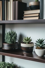 Succulents on a shelf with books, home interior. Perfect for home decor inspiration. 