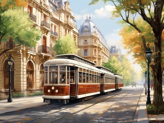 Fototapeta premium Vintage Tram Rolling Through Historic City Center - AI Generated