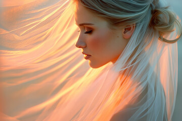 Ethereal bride in golden hour light, ideal for wedding themes. 
